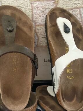 LOT 2 Pre-owned Birkenstock Gizeh Women’s Thong Sandals in White and Brown 38/7